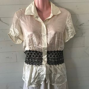 I.C.E. Silk Top in Cream w/Black Waist Accent